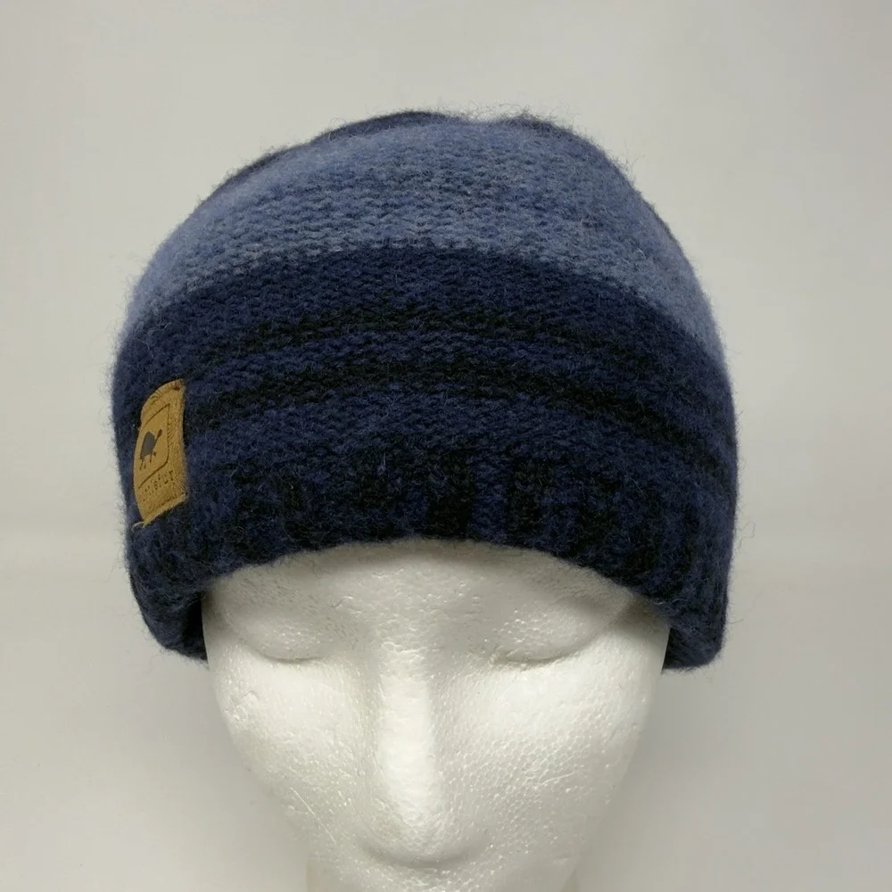 Turtle‎ Fur Blue Stipe Knit Lambswool Blend Winter Beanie Fleece Lined